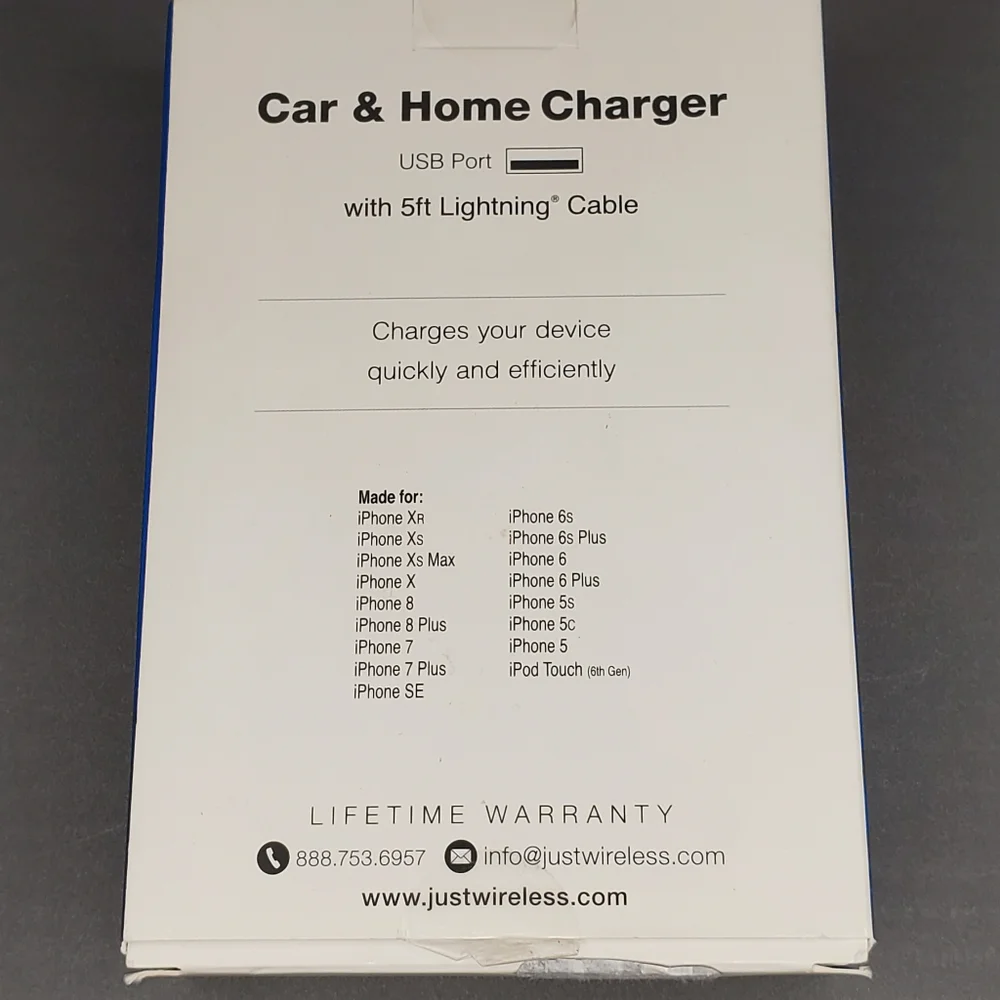 Just Wireless 5 Watt Car & Home Charger USB port Lighinting cable 5ft for Apple